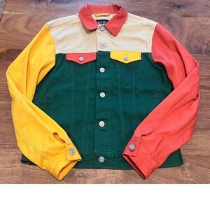 BDG Urban Outfitters Mens Med Colorblock Denim Trucker Jacket Green Yellow Red